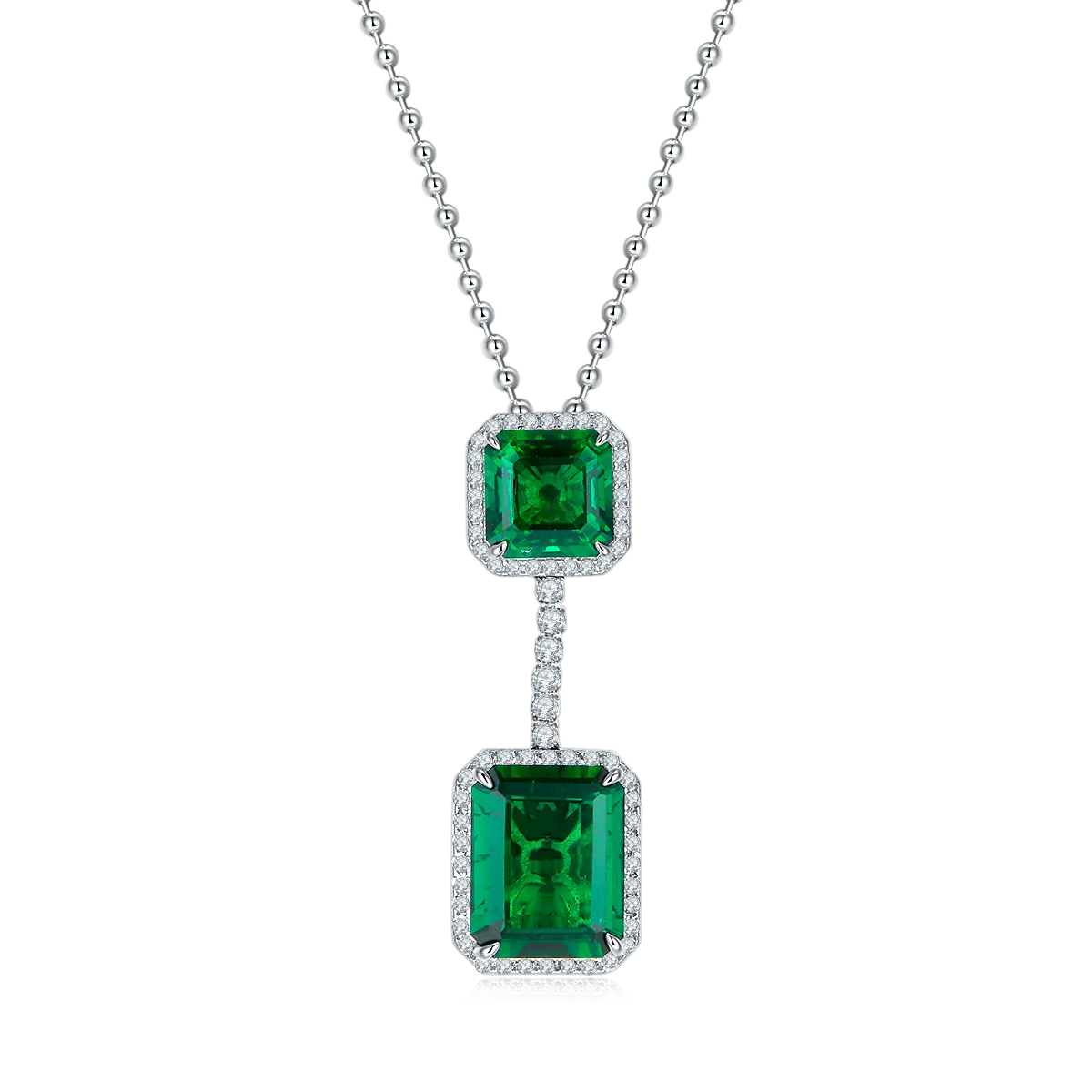 12.7 Carat Double Rectangular Lab-Created Emerald Halo Necklace in S925 Silver with Platinum Plating