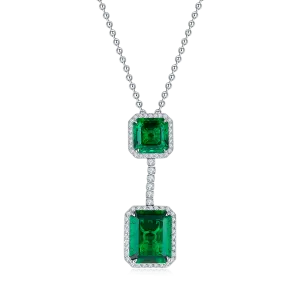 12.7 Carat Double Rectangular Lab-Created Emerald Halo Necklace in S925 Silver with Platinum Plating