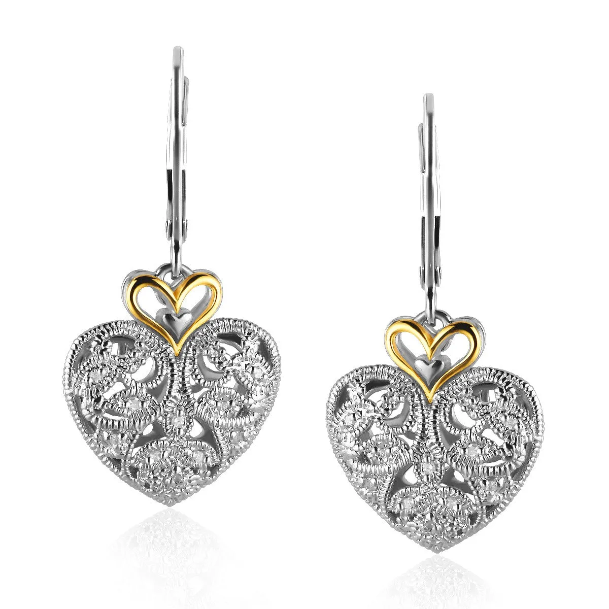 14k Yellow Gold Sterling Silver Intricate Filigree Heart Drop Earrings