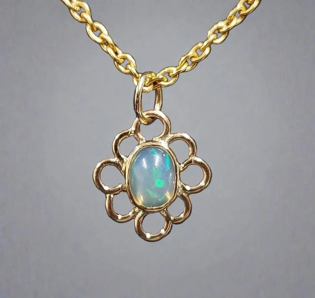 18k Gold Ethiopian Opal Floral Pendant