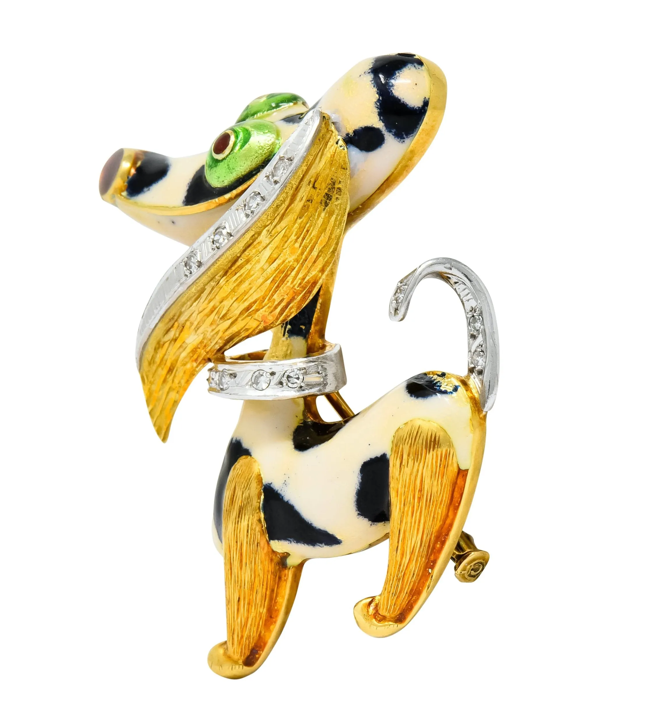 1960's Vintage Enamel Diamond 18 Karat Gold Prancing Dog Brooch