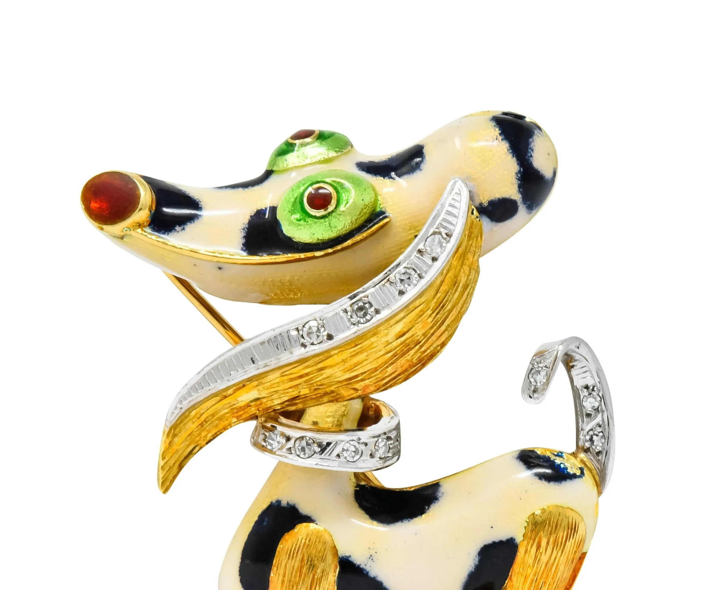 1960's Vintage Enamel Diamond 18 Karat Gold Prancing Dog Brooch