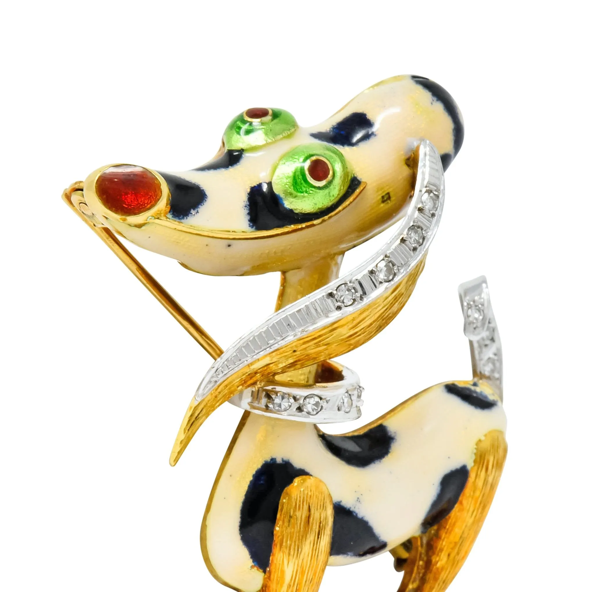 1960's Vintage Enamel Diamond 18 Karat Gold Prancing Dog Brooch