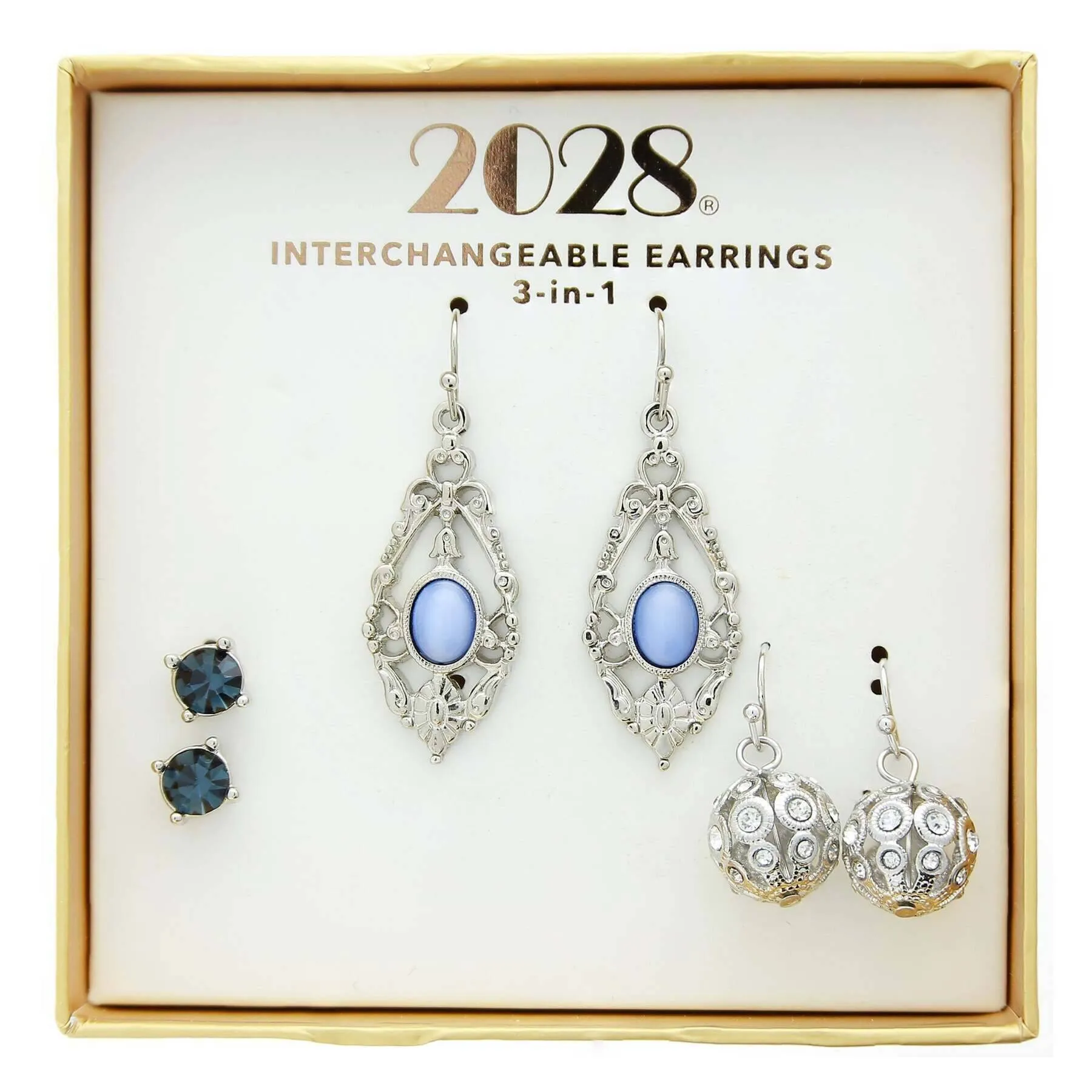 2028 Jewelry 3-In-1 Blue & Fireball Crystal Interchangeable Earring Set