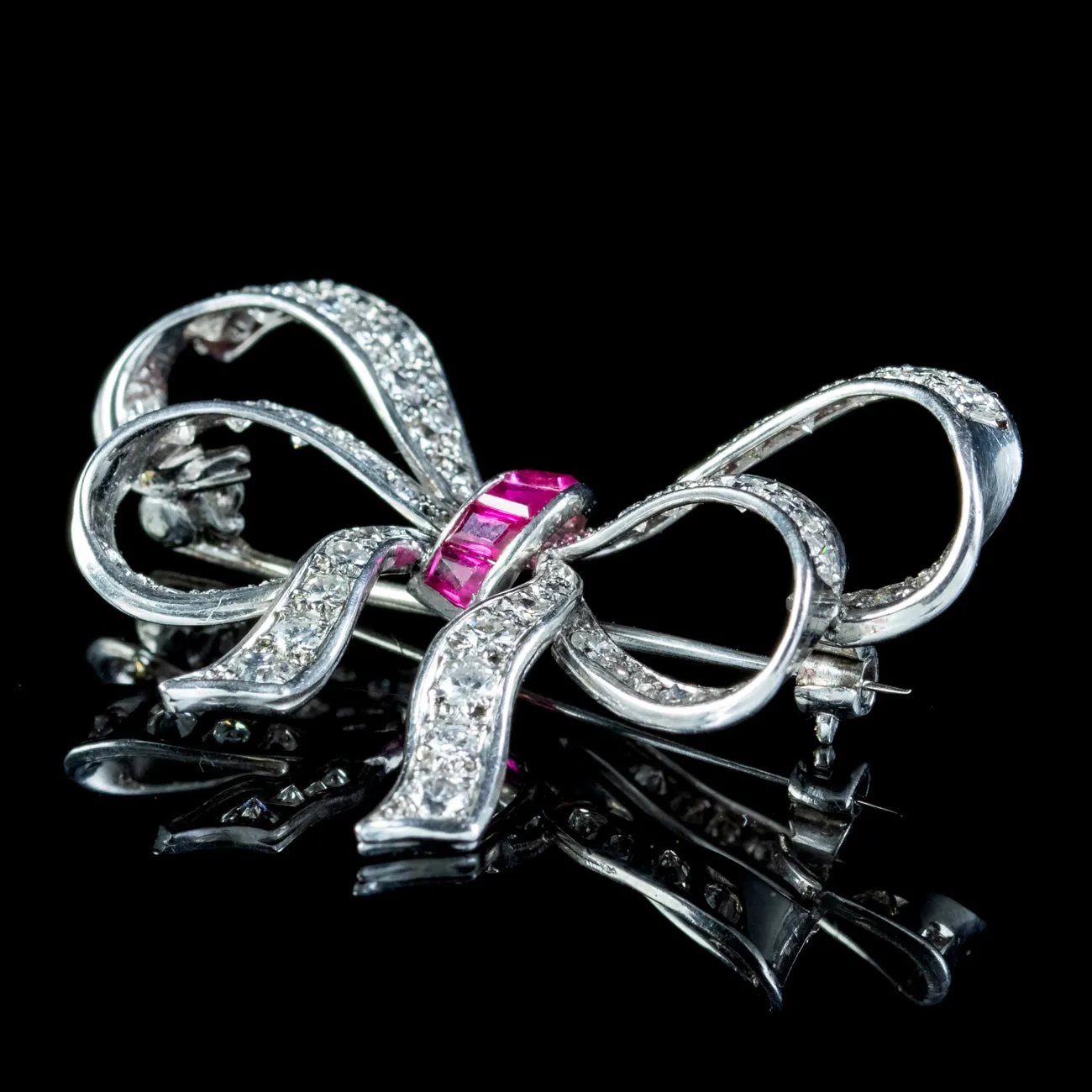 Antique Art Deco Diamond Ruby Bow Brooch 4ct Of Diamond