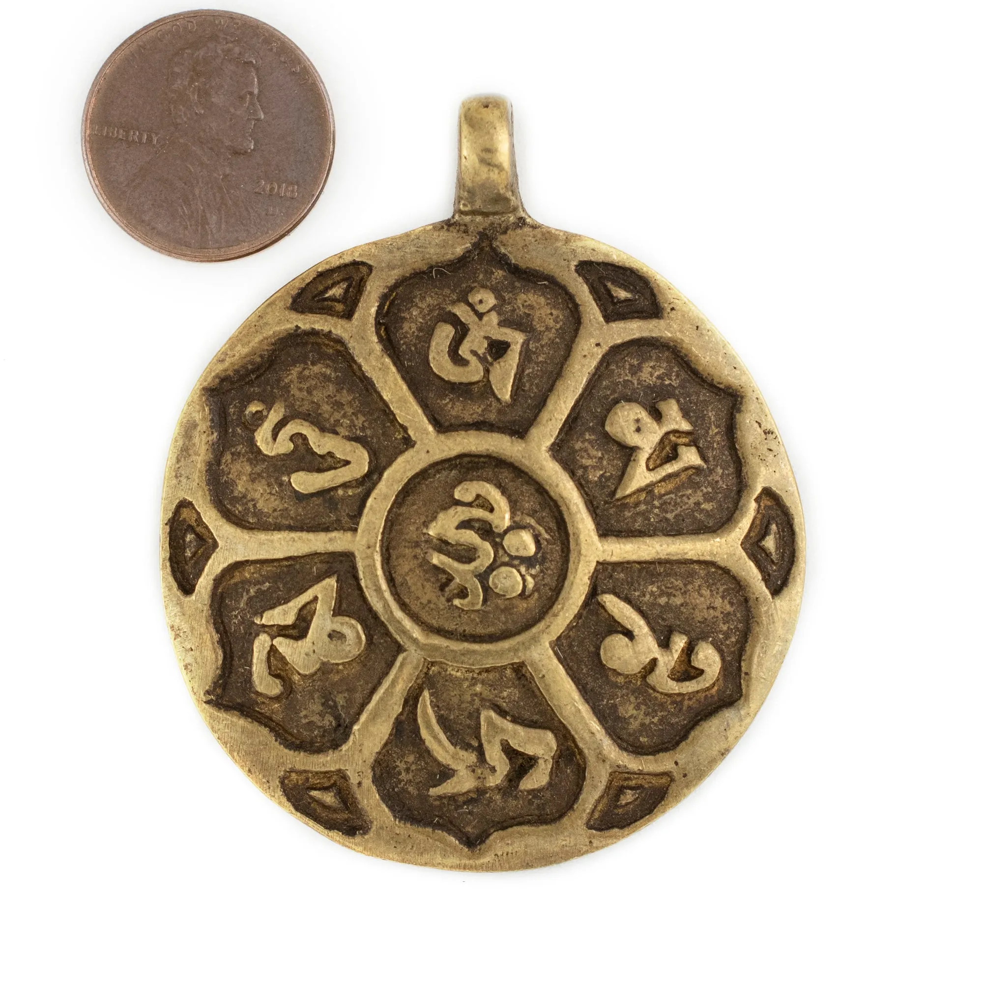 Antiqued Brass Circular Om Mani Padme Hum Pendant (60x50mm)