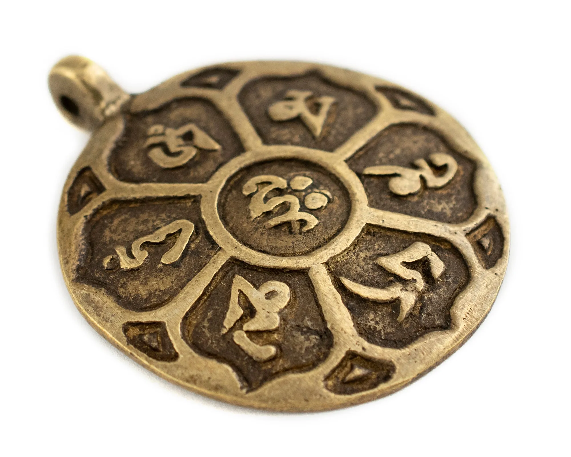 Antiqued Brass Circular Om Mani Padme Hum Pendant (60x50mm)