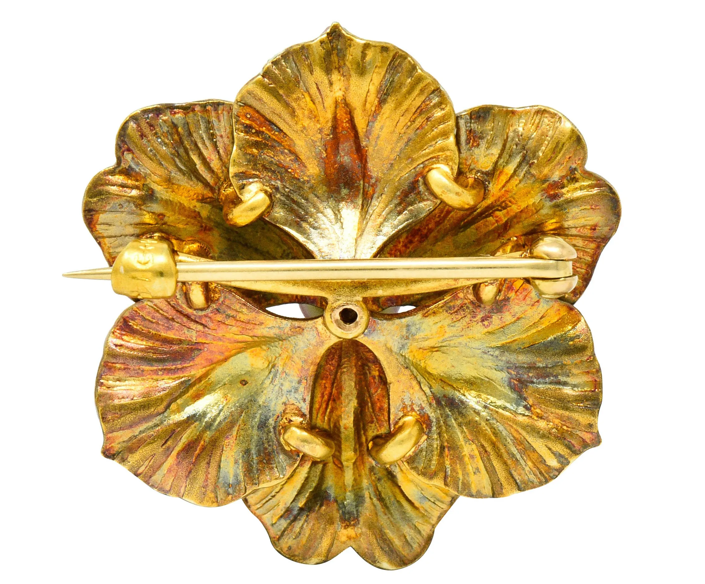 Art Nouveau Diamond Enamel 14 Karat Gold Flower Brooch