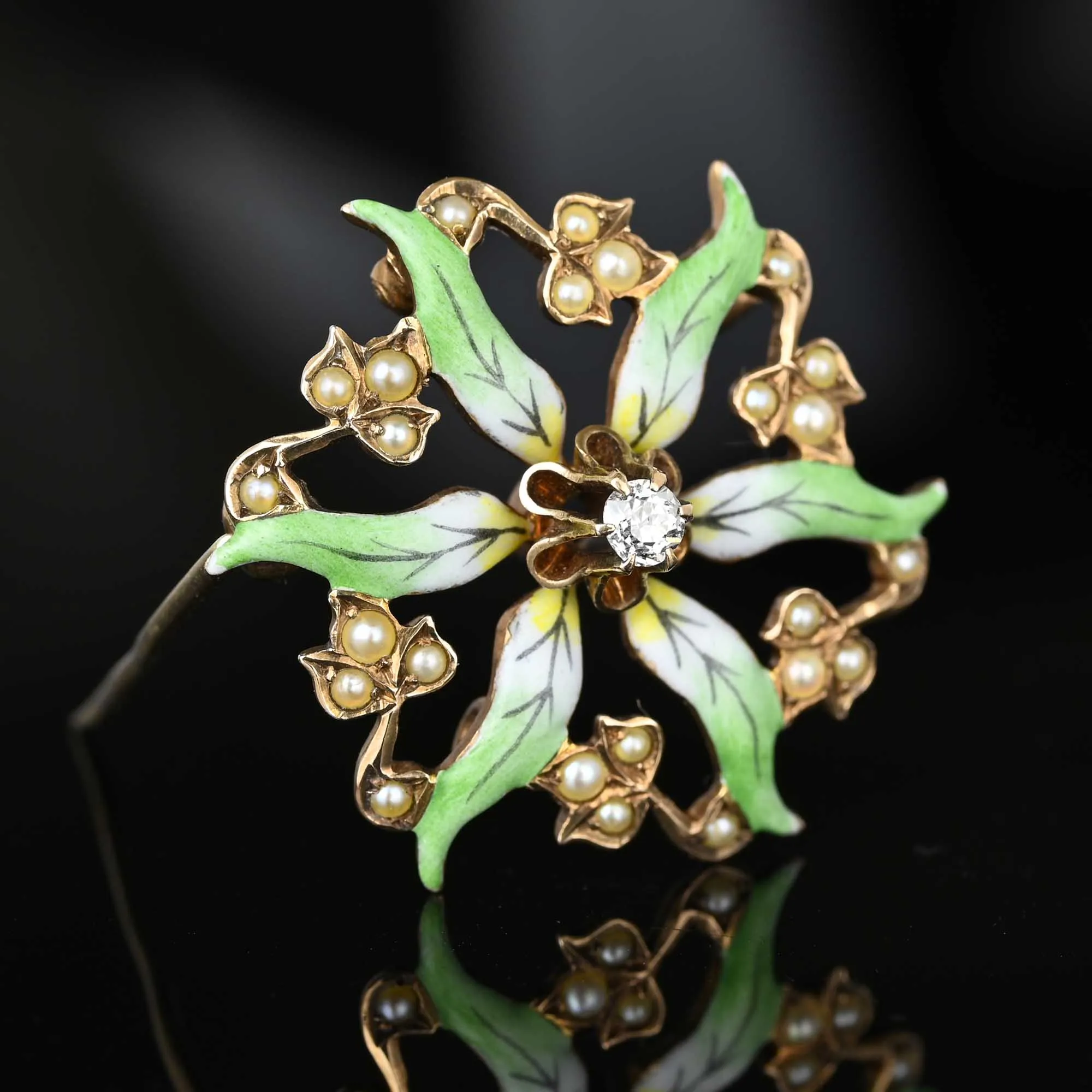 Art Nouveau Enamel Flower Pearl Diamond Brooch