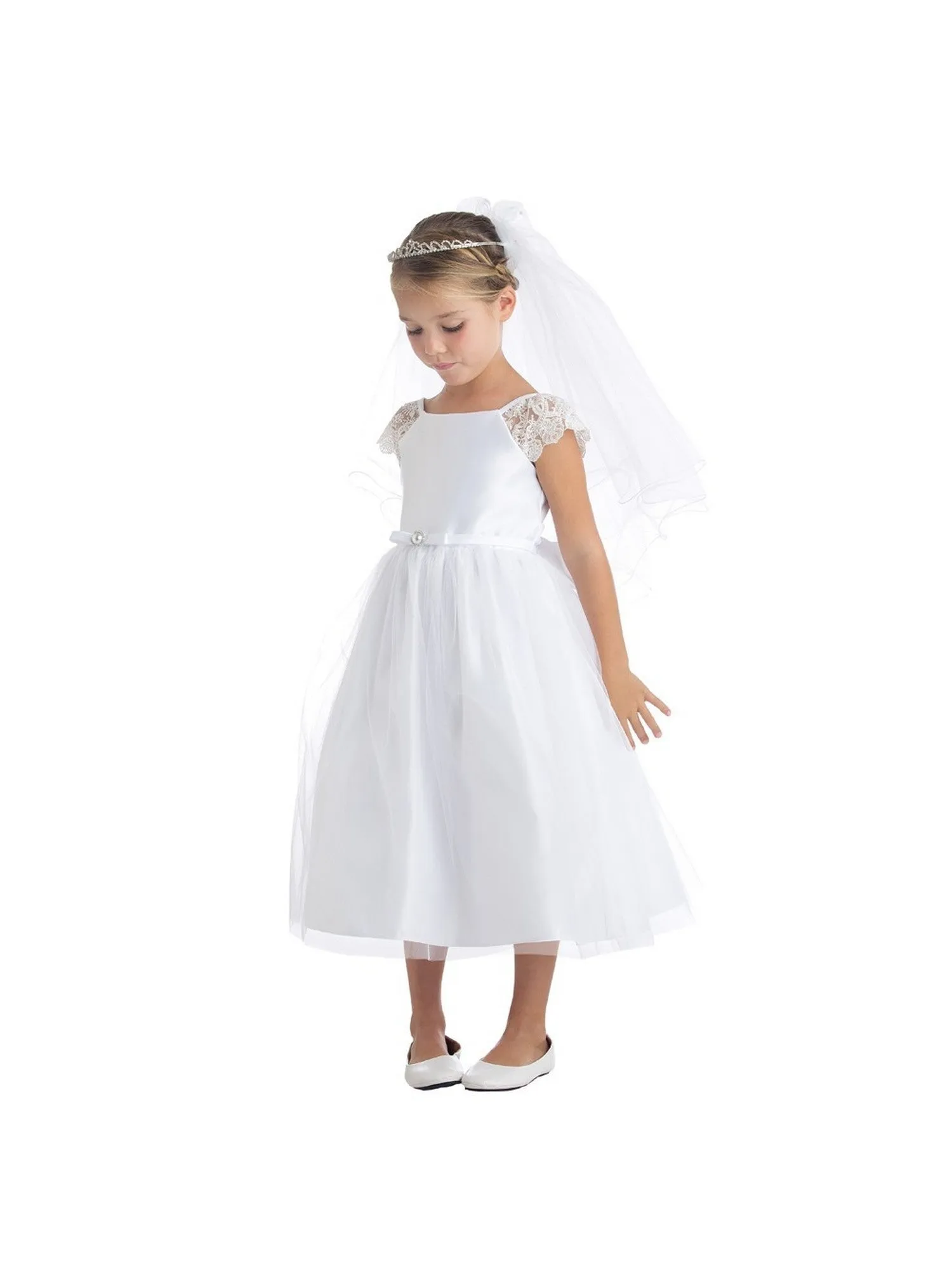 Big Girls White Satin Lace Pearl Brooch Junior Bridesmaid Dress 7-12