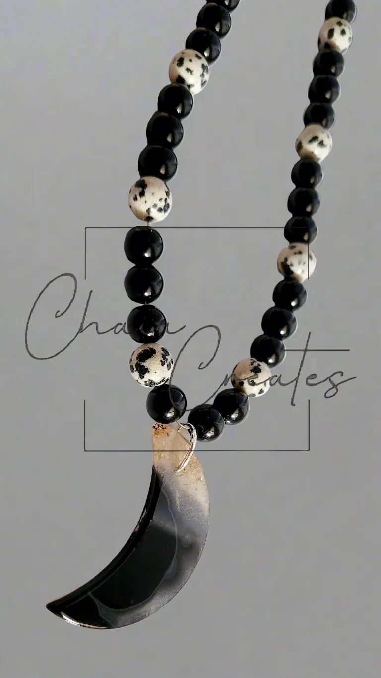 Black & Clear Druzy Agate Moon Pendant on Dalmatian Jasper and Onyx Beaded Necklace