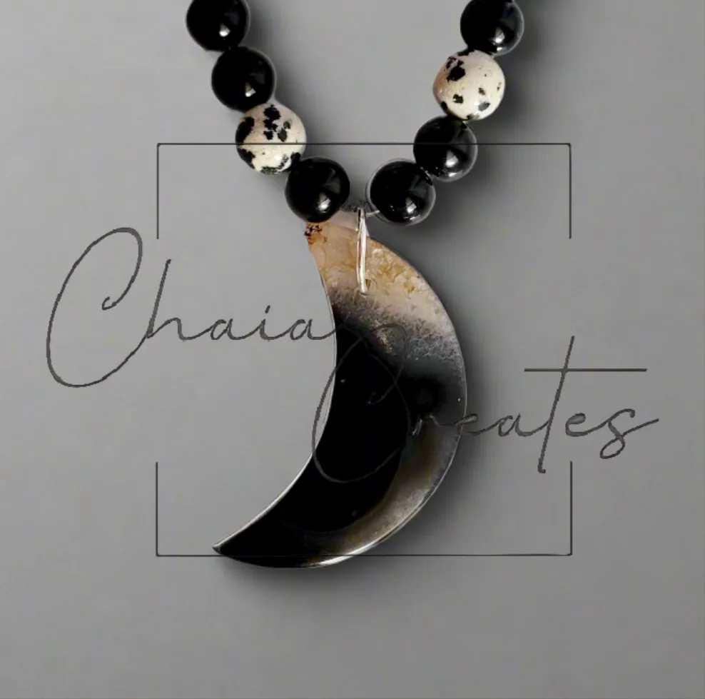 Black & Clear Druzy Agate Moon Pendant on Dalmatian Jasper and Onyx Beaded Necklace