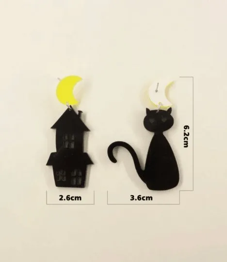 Black cat and haunted house | midnight memory | cat lover | modern retro acetate earrings | halloween party mismatch earrings