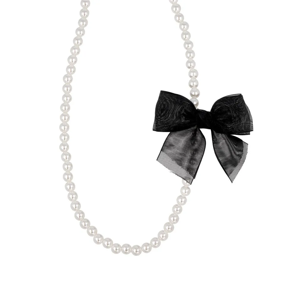 Black Sheer Bow Pearl Chain Necklace