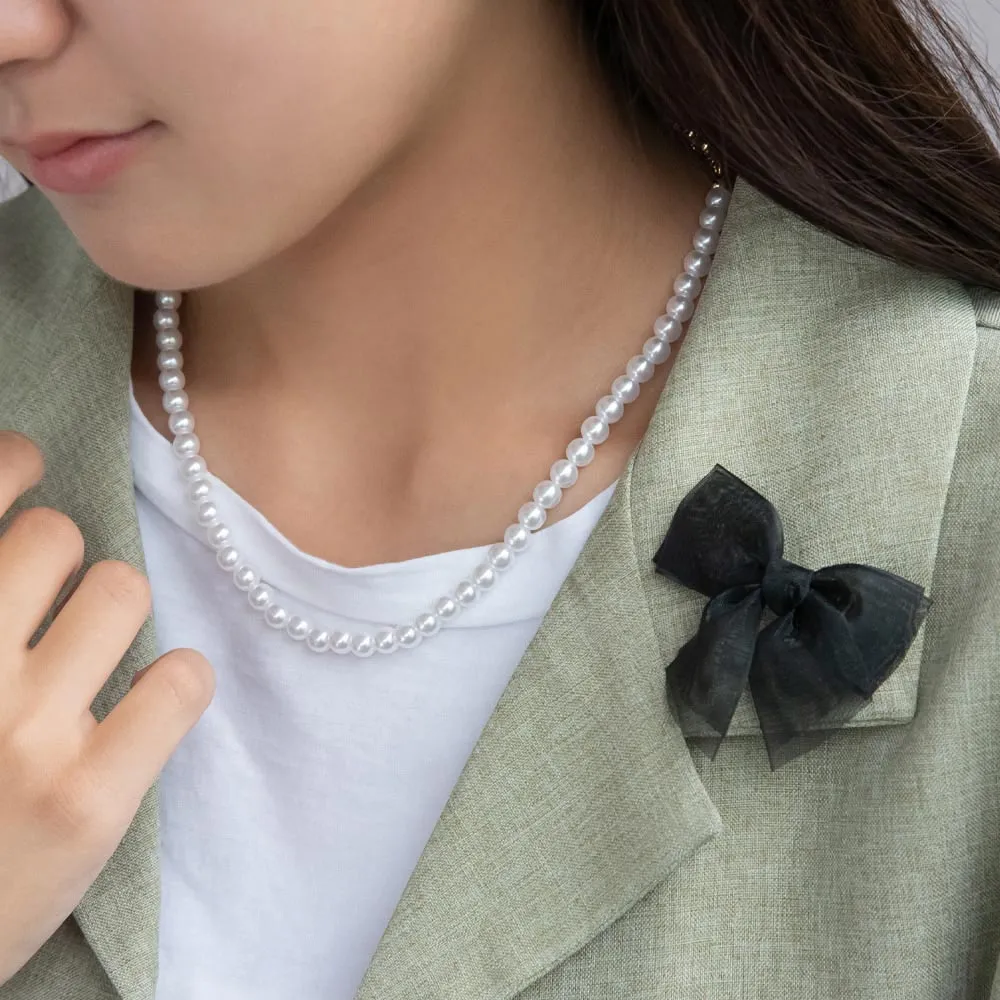 Black Sheer Bow Pearl Chain Necklace