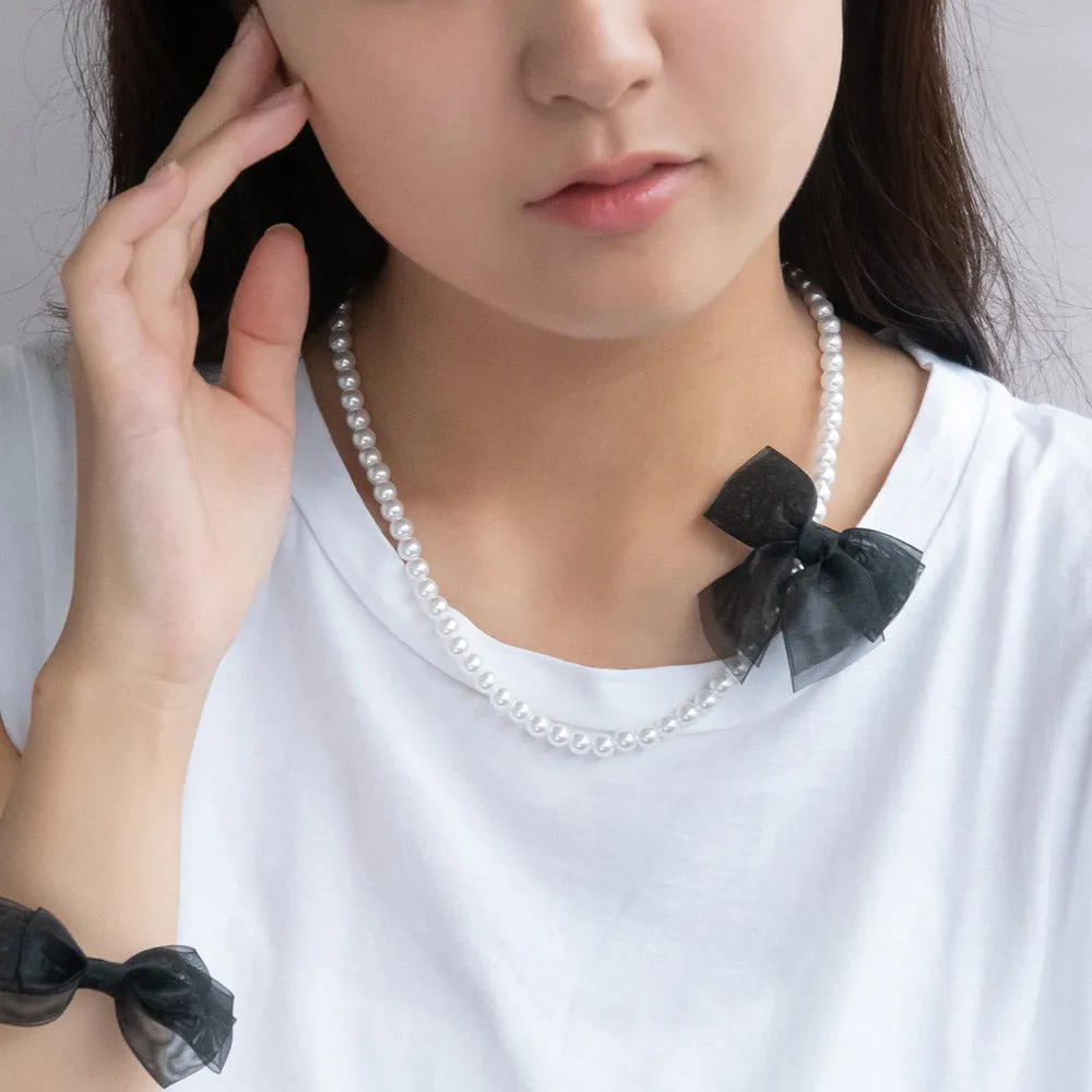 Black Sheer Bow Pearl Chain Necklace