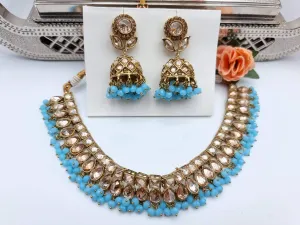 Blue Polki Choker Set with Jhumki Earrings and Tikka