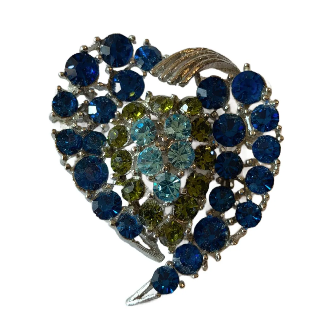 Chartreuse and Blue Heart Shaped Rhinestone Brooch circa 1960s