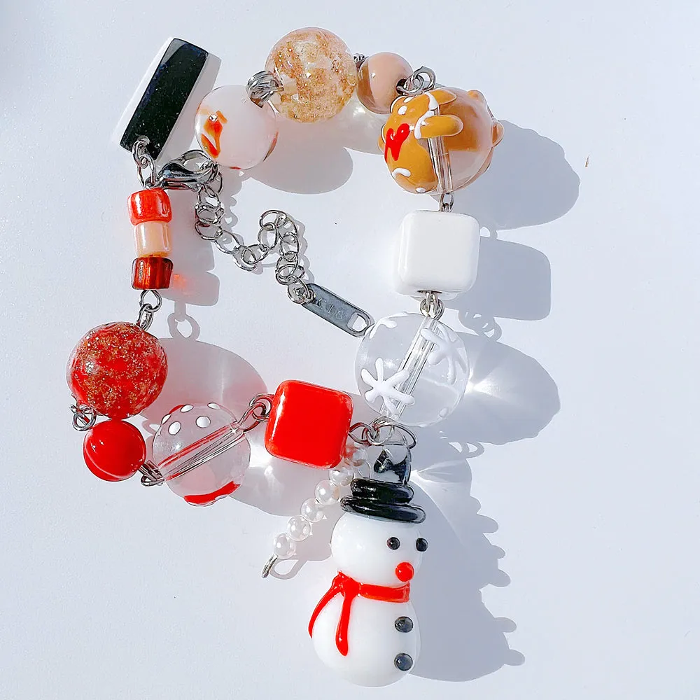 Christmas Snowman Jewelry Handmade Charm Bracelet with Murano Glass Gemstones