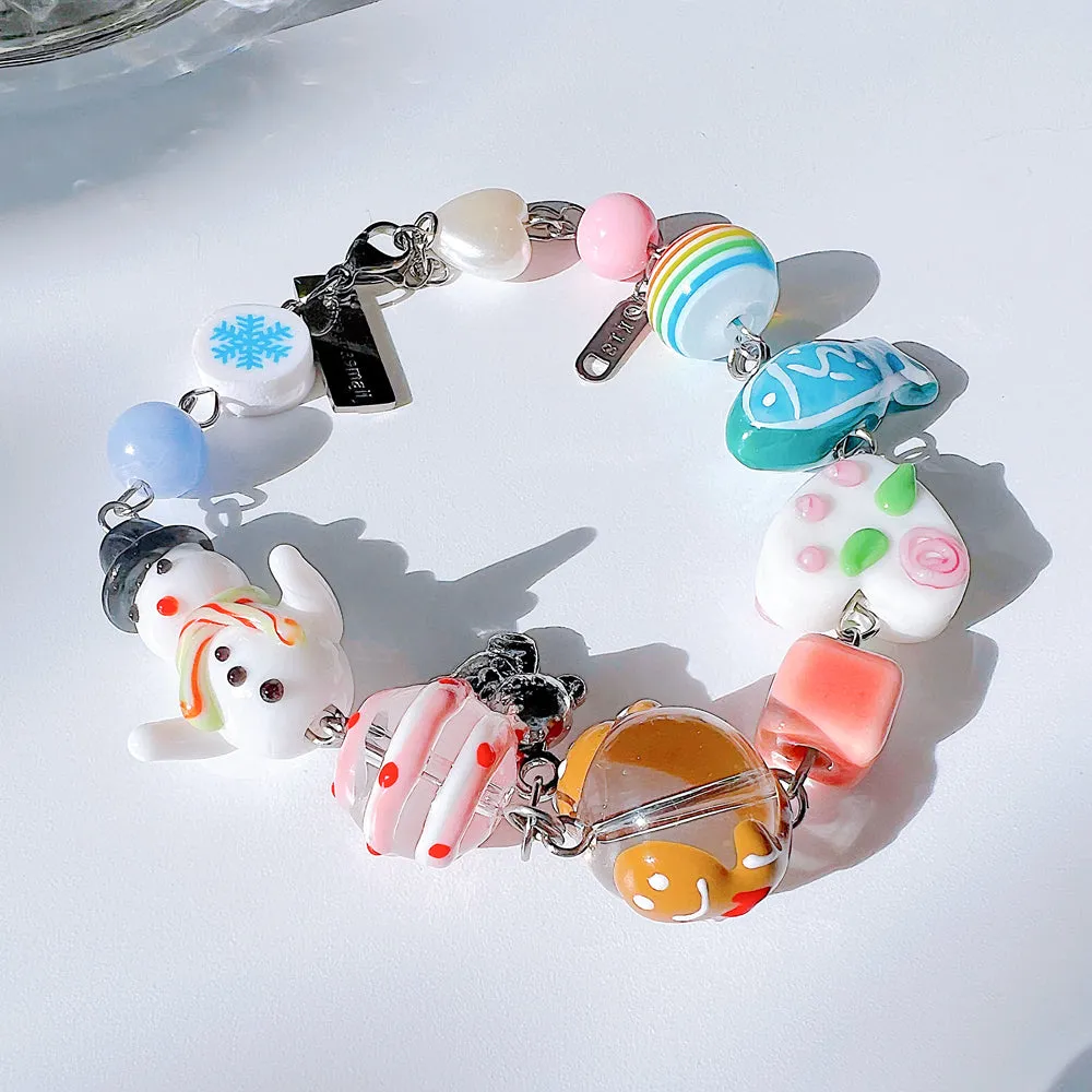 Christmas Snowman Jewelry Handmade Charm Bracelet with Murano Glass Gemstones