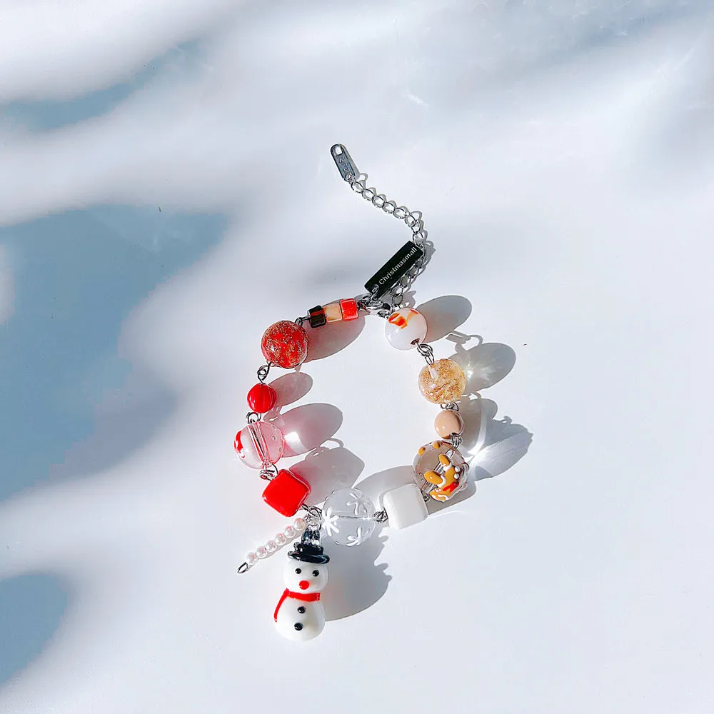 Christmas Snowman Jewelry Handmade Charm Bracelet with Murano Glass Gemstones