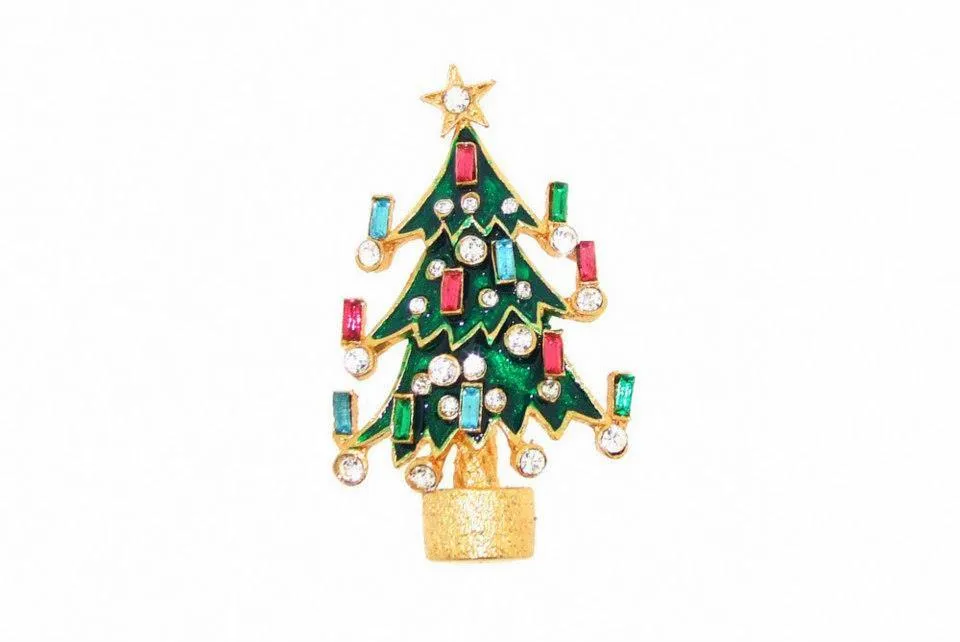 Christmas Tree Brooch Pin by Sardi Green Enamel Crystal