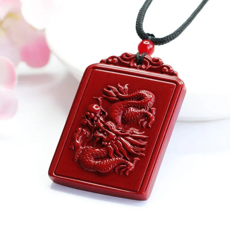 Cinnabar Pendant Purple Sand Double-sided Carving Dragon and Phoenix Square Brand Jewelry