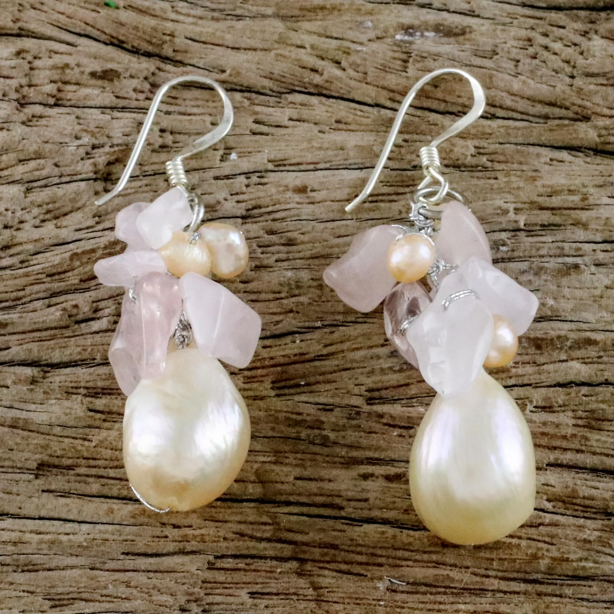 Cloud Bouquet Rose Quartz and Pearl Beaded Earrings