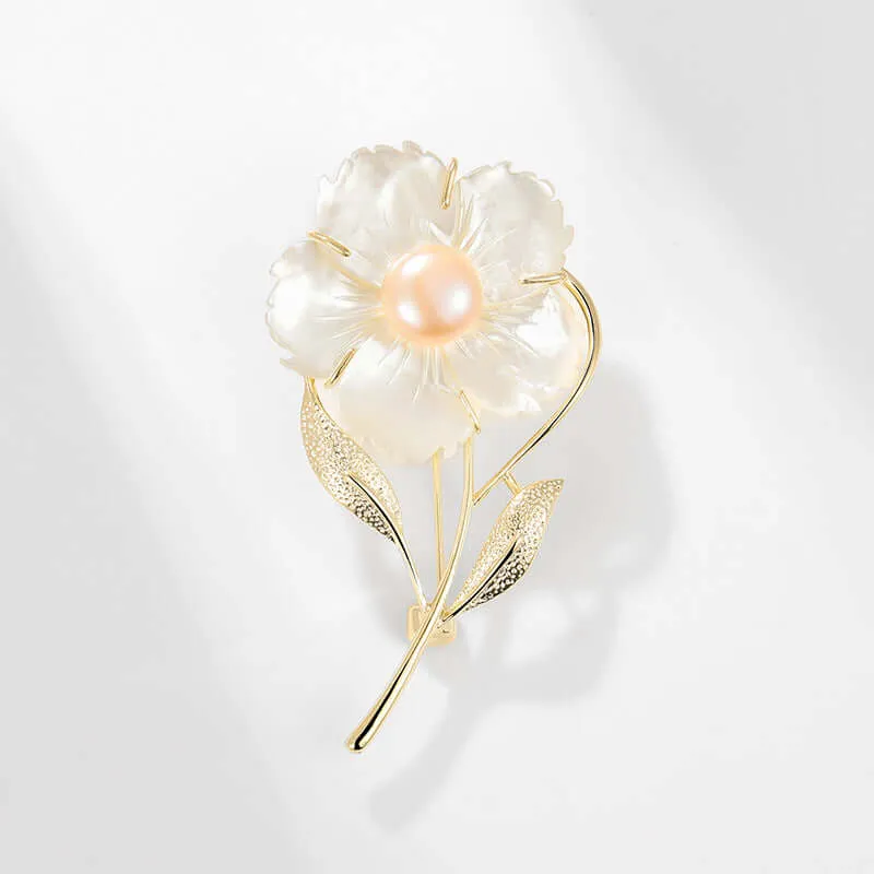 Copper Sea Shell Freshwater Pearl Flower Brooch