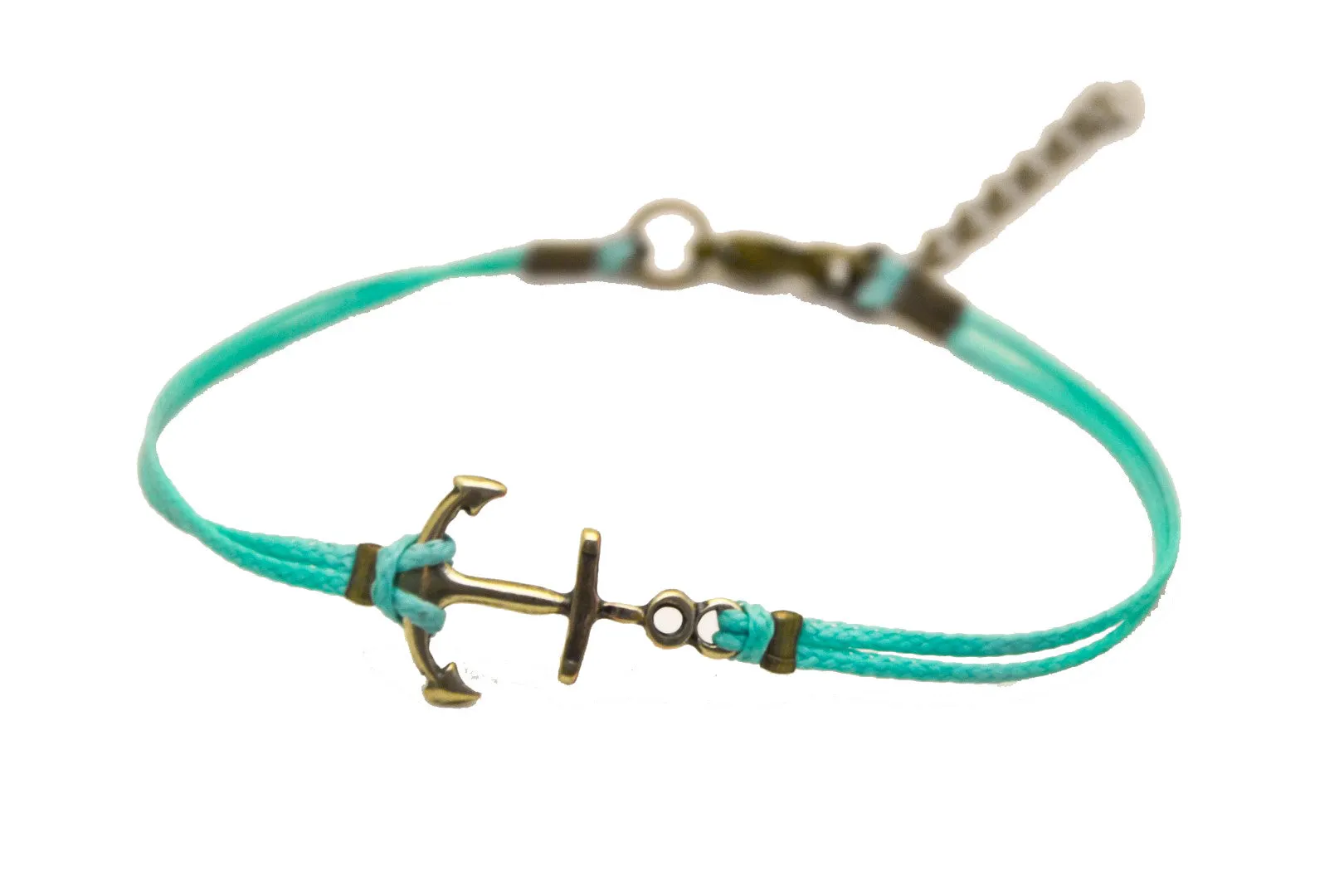 Cord bracelet with a bronze tone anchor charm, turquoise string, gift wrapped handmade