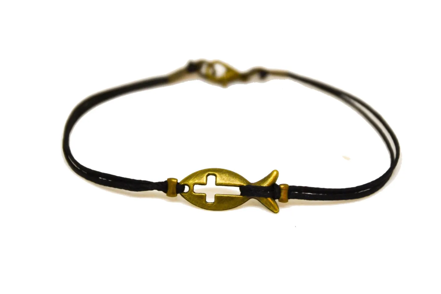 Cross fish bracelet for men, black cord, bronze charm, custom handmade jewelry