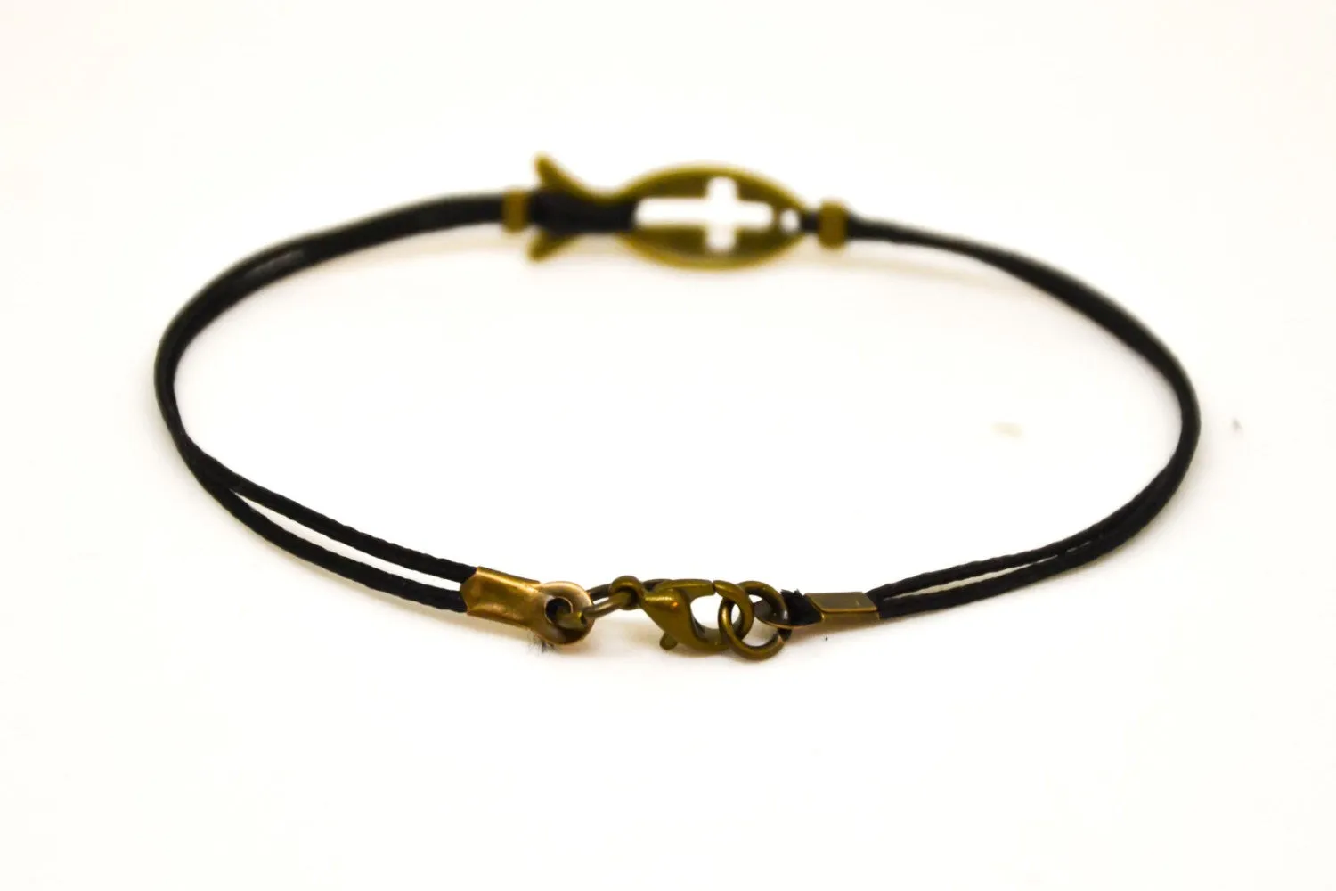 Cross fish bracelet for men, black cord, bronze charm, custom handmade jewelry