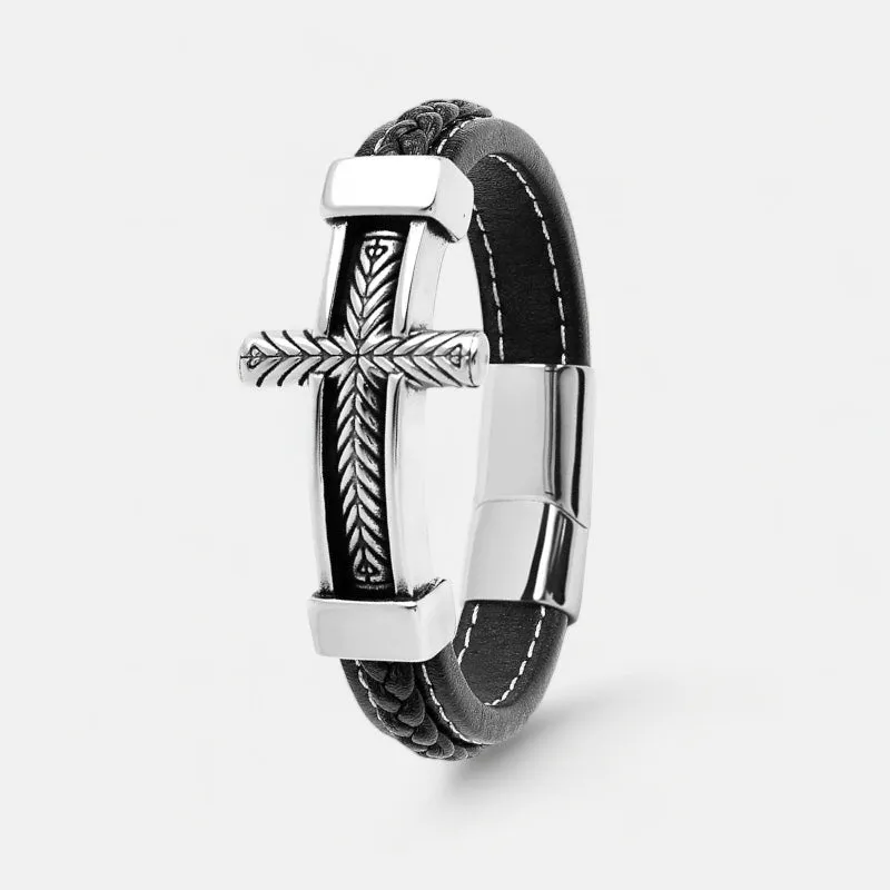 Cross stainless steel leather bracelet