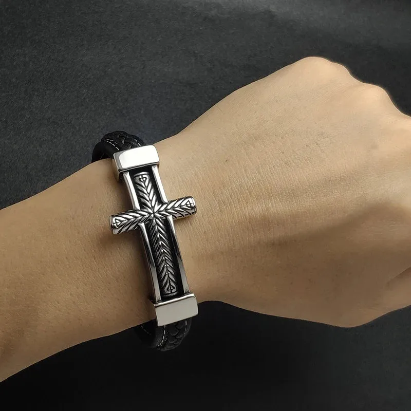 Cross stainless steel leather bracelet