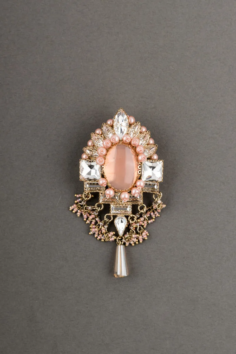 Crystal With Peach Stone Brooch