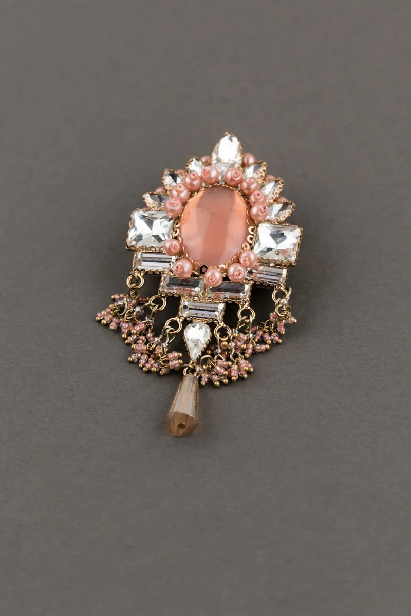 Crystal With Peach Stone Brooch