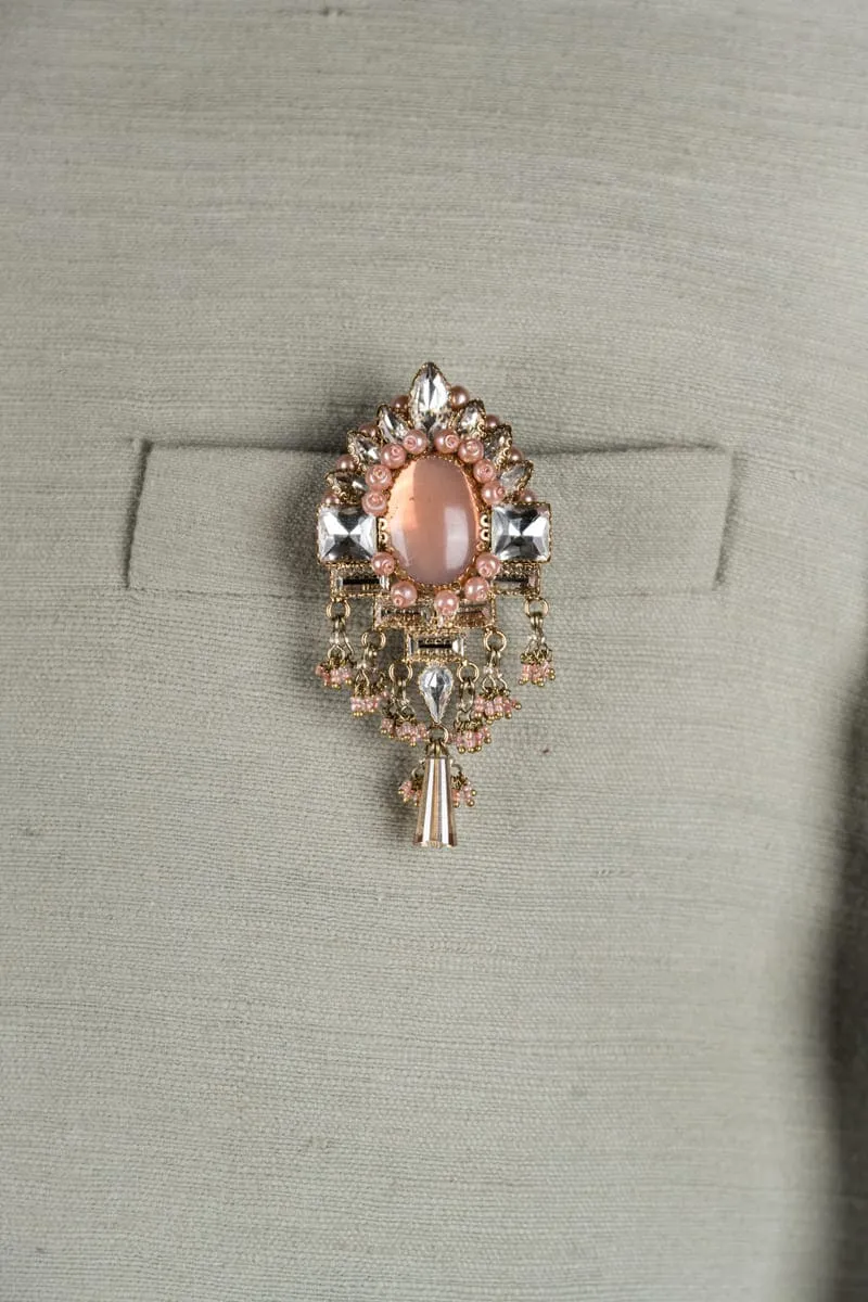 Crystal With Peach Stone Brooch