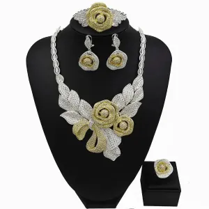 Detailed Flower Design 4 Pieces Gold Silver Mix Cubic Zirconia Bridal Wedding Necklace Jewelry Set