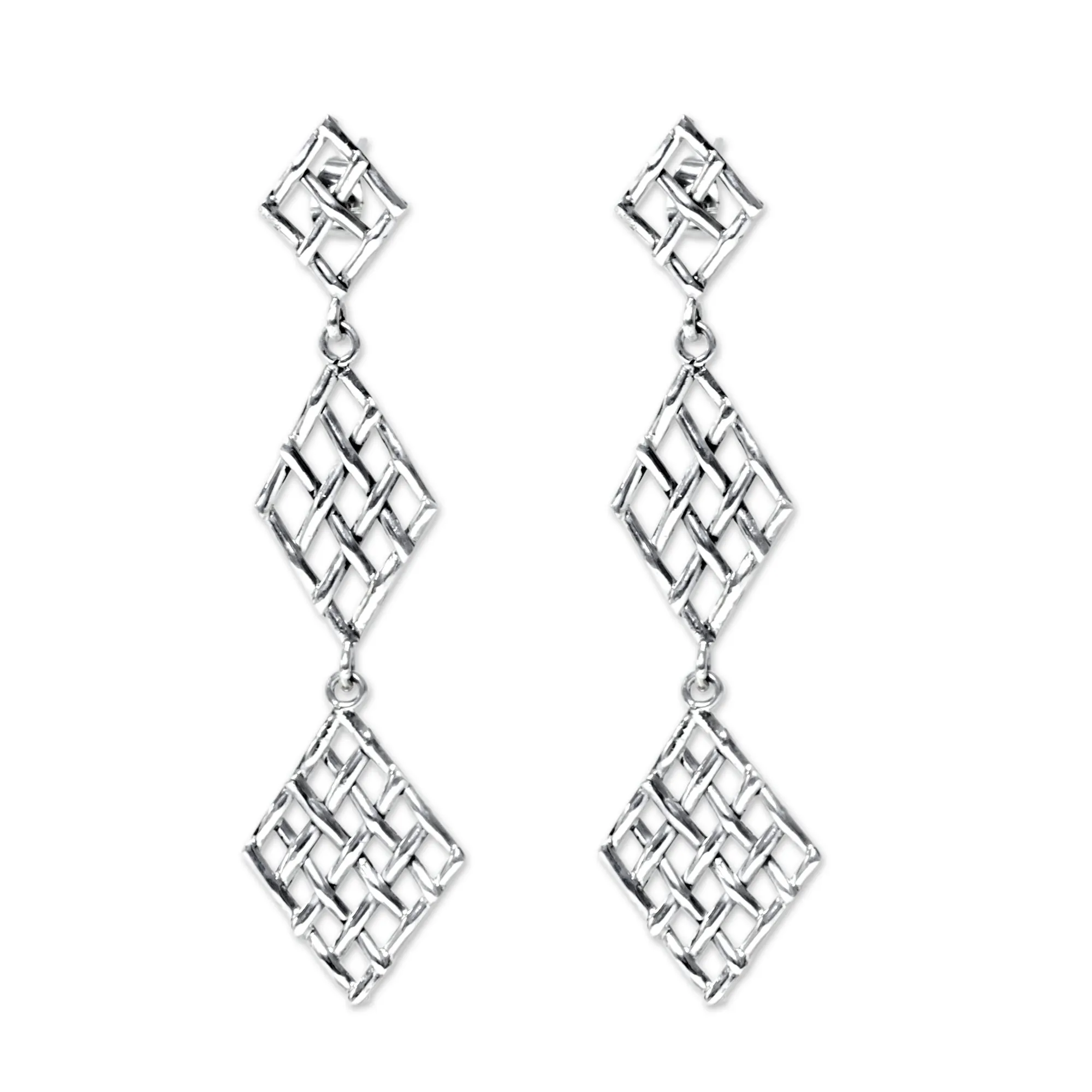 Diamond Weave Handwoven Silver Strand Dangle Earrings