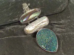 Druzy, Abalone, Biwa Pearl, .925 Pendant