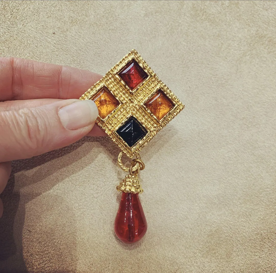 Edouard Rambaud Brooch Vintage Statement Gold Red Amber Glass