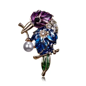 Enamel Pearl Bead And Crystal Bird Brooch