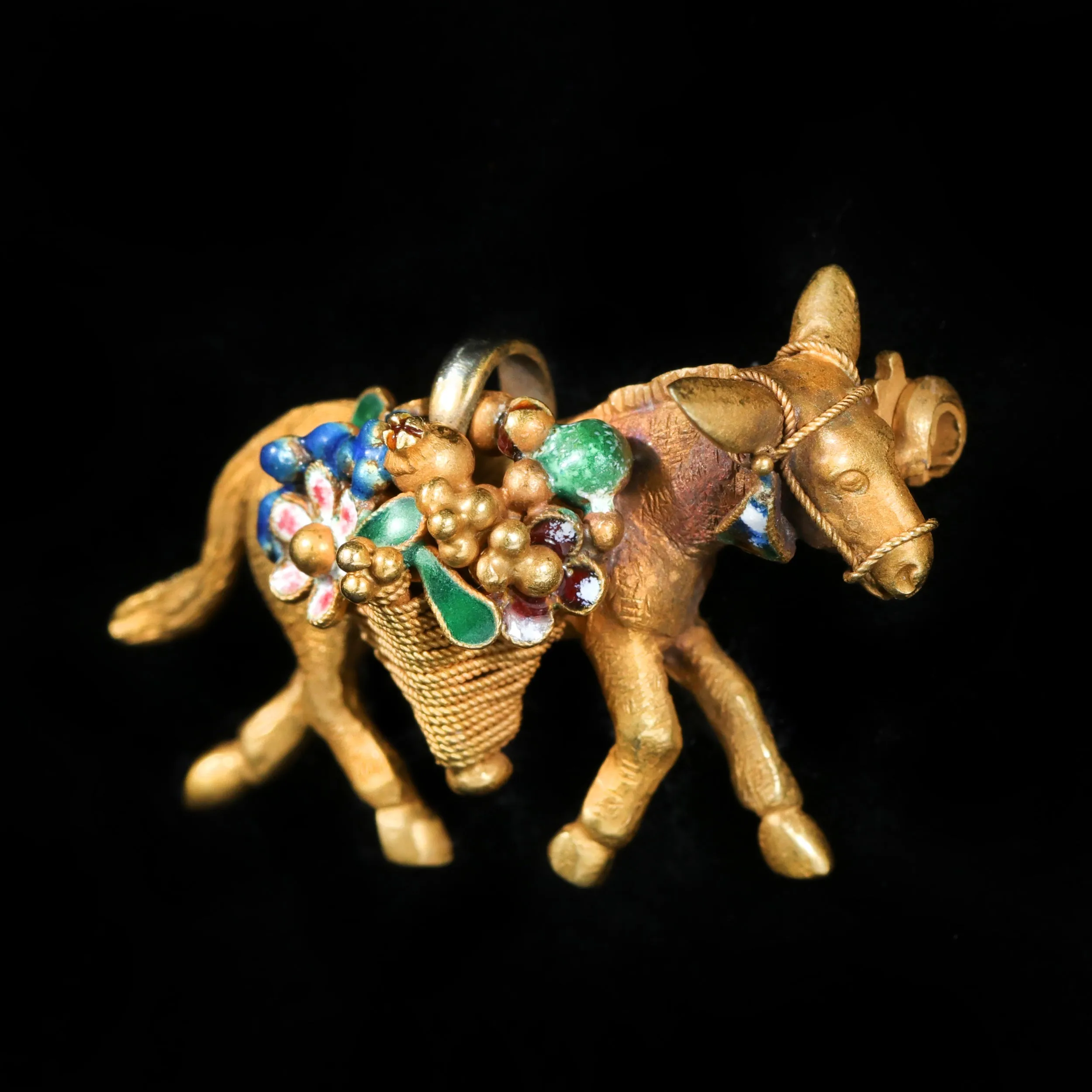 Estate 18K Yellow Gold Donkey and Enamel Flower Brooch