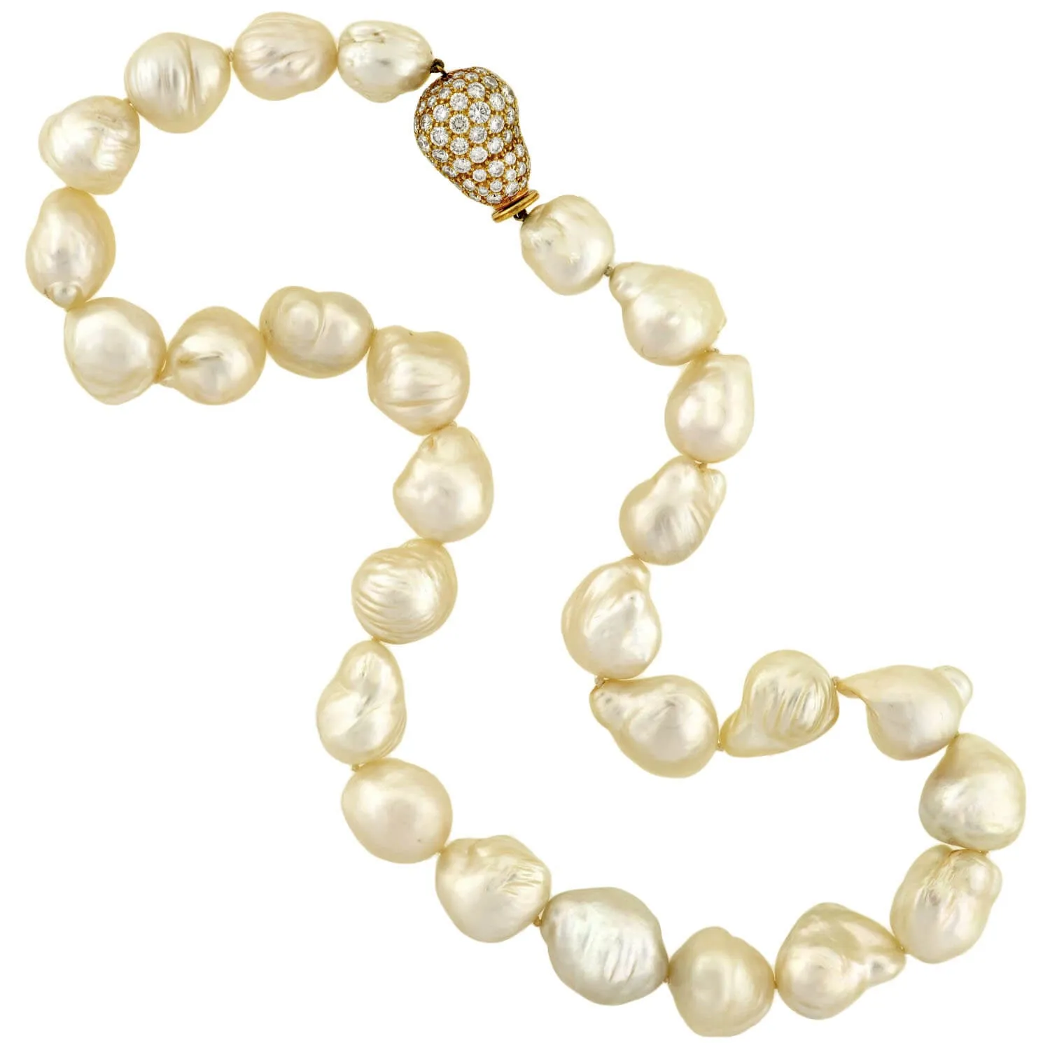 Estate 18kt Baroque Pearl Necklace w/ Diamond Clasp 12mm-17mm