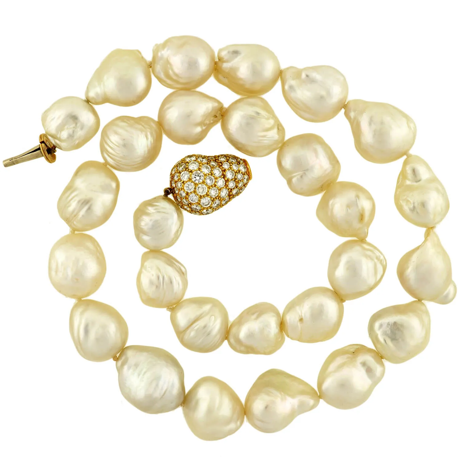 Estate 18kt Baroque Pearl Necklace w/ Diamond Clasp 12mm-17mm