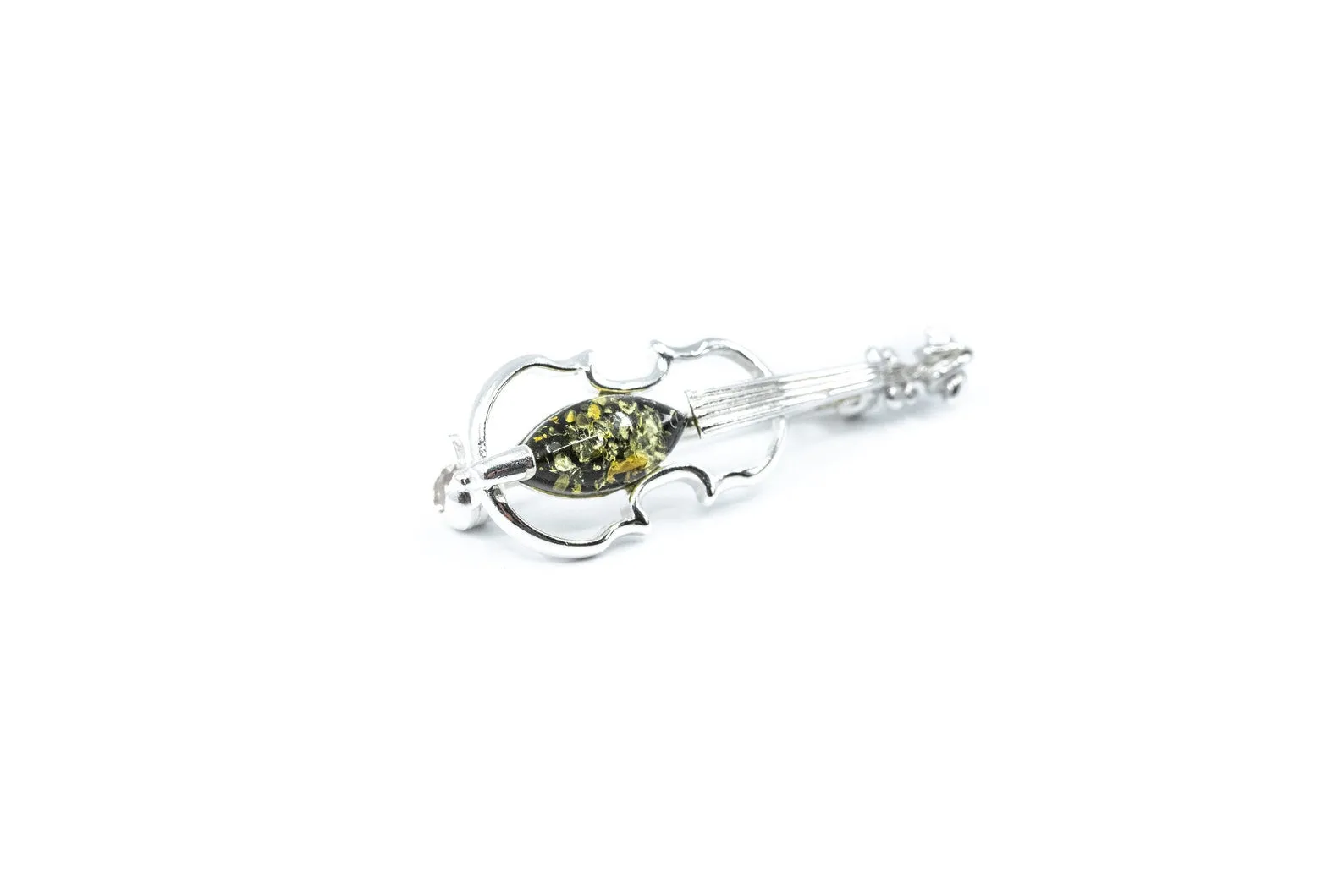 Exquisite Classic Green Amber Violin Brooch - Sterling Silver Body | Ideal Gift for Violinists & Music Lovers