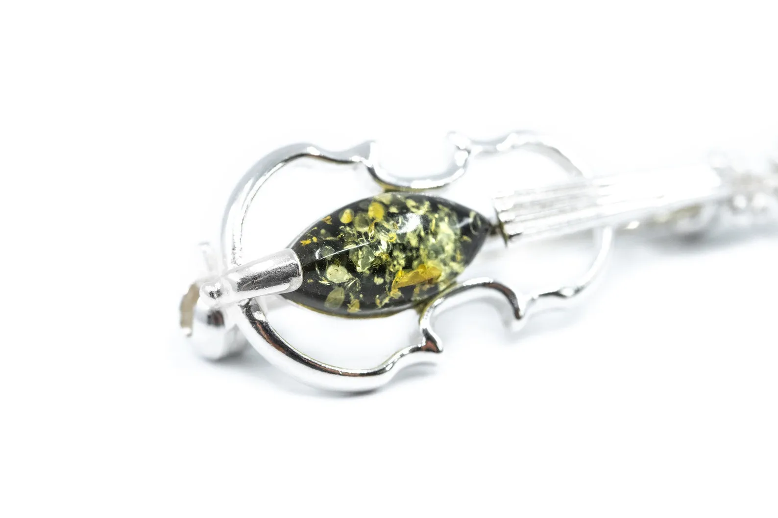 Exquisite Classic Green Amber Violin Brooch - Sterling Silver Body | Ideal Gift for Violinists & Music Lovers