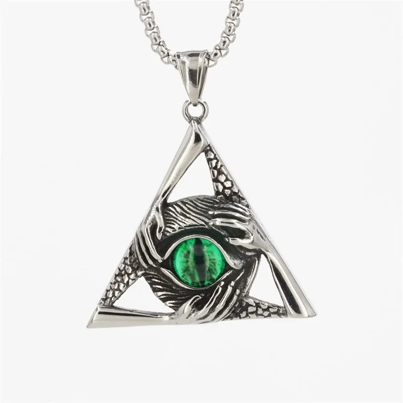 Eye Of Providence Pendant - Silver Titanium Steel Green & Blue All Seeing Eye Stone