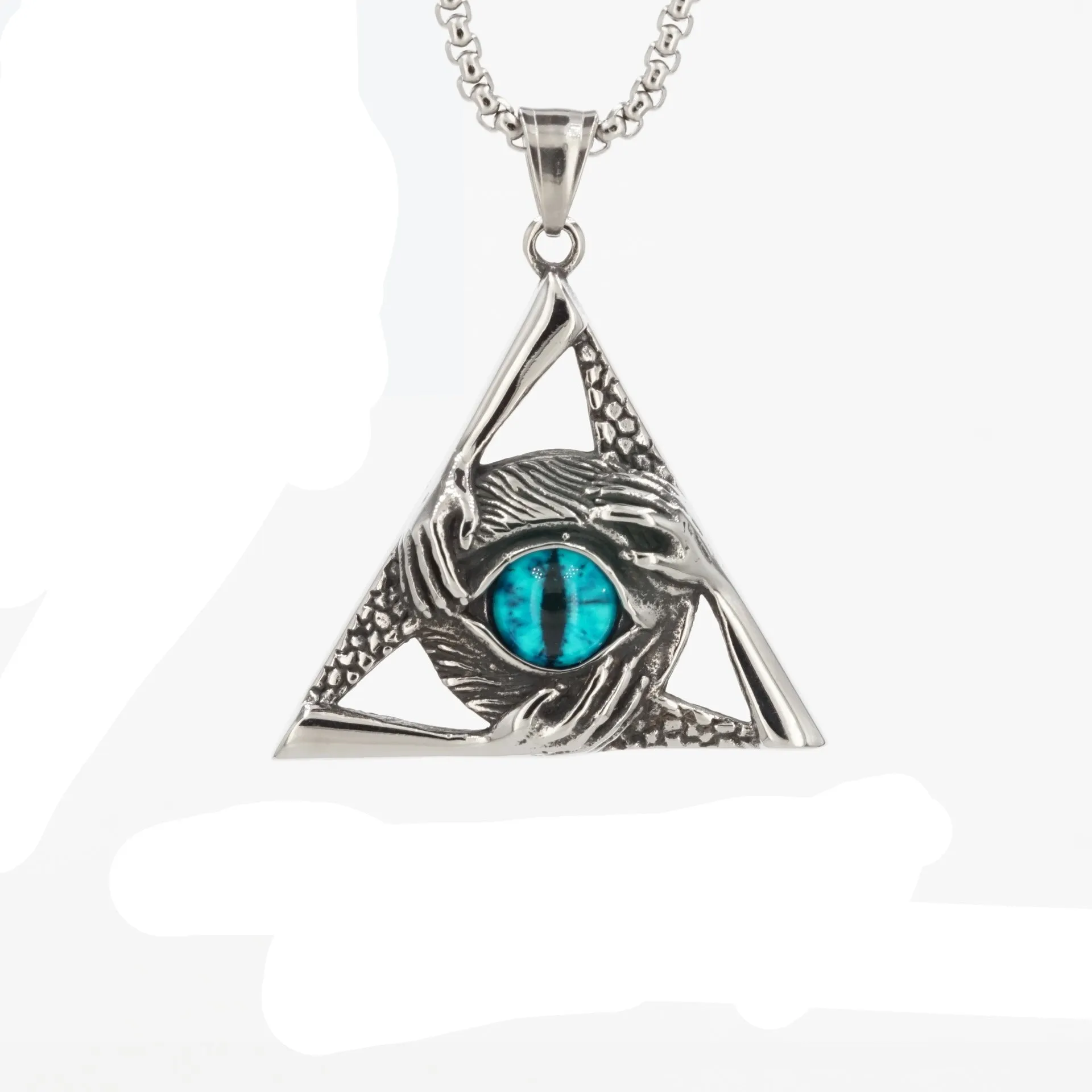 Eye Of Providence Pendant - Silver Titanium Steel Green & Blue All Seeing Eye Stone