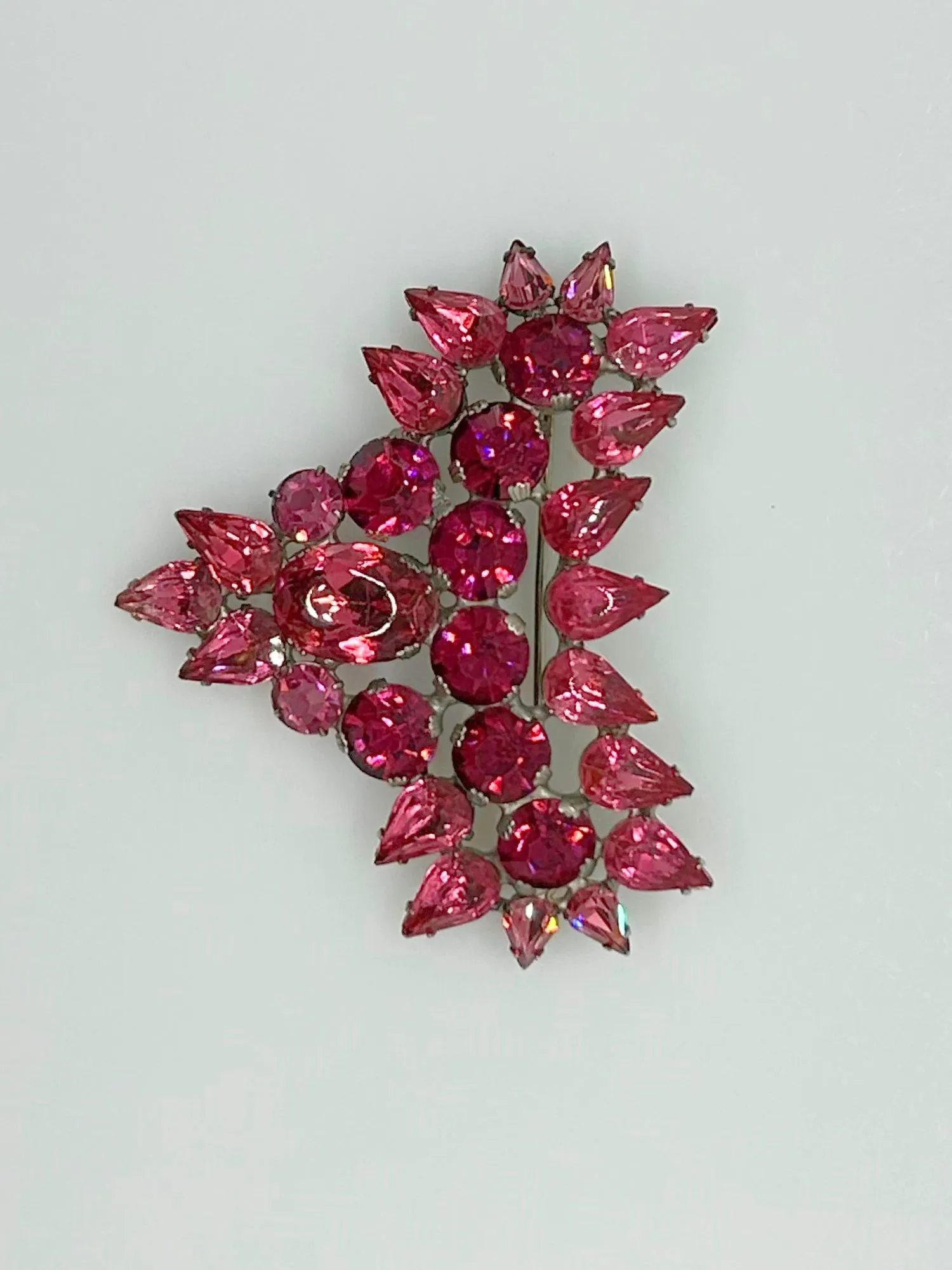 Fantastic Hot Pink and Red Heart Vintage Rhinestone Brooch